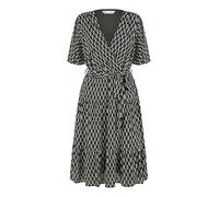 Yumi Black Geo Print Mesh Stretch Midi Skater Dress, V-Neck, Short Sleeves, 109cm Length