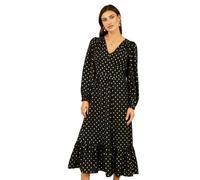 Yumi Black Gold Foil Print Midi Dress, V-Neck, Long Sleeve, 123cm Length (UK, Numeric, 12, Regular, Regular, Black)