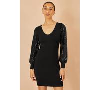 Yumi Black Knitted Fitted Dress With Sequin Sleeves Black L