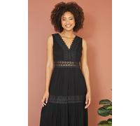 Yumi Women's Black Lace Trim Cotton Midi Sun Dress | Size: Large Yumi Black L