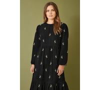 Yumi Black Long Sleeve Midi Dress With Floral Embroidery Black