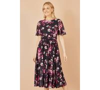 Yumi Black Mesh Skater Floral Midi Dress (UK, Numeric, 12, Regular, Regular, Black)