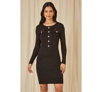 Yumi Black Metallic Military Fitted Knitted Dress Black