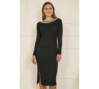 Yumi Women's Black Pearl Neckline Fitted Midi Knitted Dress | Size: Small Yumi Black S