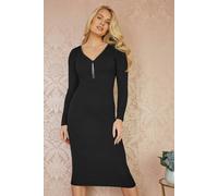 Yumi Black Rib Fitted Midi Dress With Diamante Detail Zip Neckline Black S