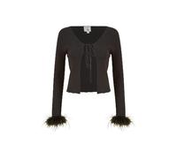 Yumi Black Ribbed Bolero Cardigan with Feather Cuffs, Long Sleeve Tie-Front (UK, Alpha, M, Regular, Regular, Black)
