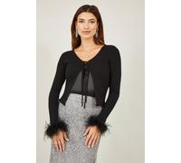 Yumi Women's Black Ribbed Bolero With Feather Cuffs | Size: Small Yumi Black S