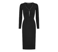 Yumi Black Ribbed Midi Dress, V-Neck with Diamante Zip Detail, Long Sleeve (UK, Alpha, M, Regular, Regular, Black)