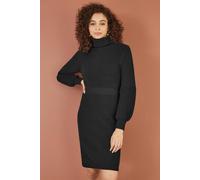 Yumi Black Roll Neck Knitted Dress With Fitted Waist Black L