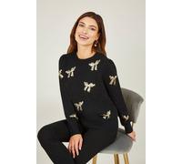 Yumi Black Sequin All Over Applique Bow Knitted Jumper Black M