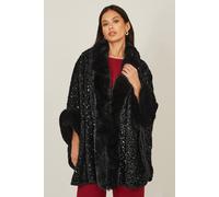 Yumi Women's Black Sequin Cape with Faux Fur Trim & Lining | Size: Medium/Large Yumi Black M/L