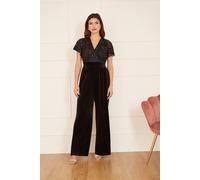 Yumi Women's Black Sequin Embellished Velvet Jumpsuit With Angel Sleeves | Size: 16 Yumi Black 16