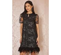 Yumi Women's Black Sequin Embroidered Tunic Dress With Feather Trim Hemline | Size: 12 Yumi Black 12