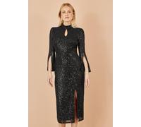 Yumi Women's Black Sequin Fitted Midi Dress With Flute Sleeves | Size: 12 Yumi Black 12