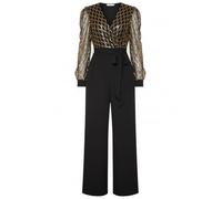 Yumi Black Sequin Jumpsuit, Women's Formal, Polyester, Long Sleeve, Wrap Over Design, Wide Leg, 148cm Length (Black, 12)