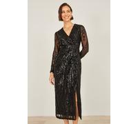 Yumi Women's Black Sequin Midi Wrap Dress With Split Hemline & Long Sleeves | Size: 12 Yumi Black 12