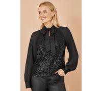 Yumi Black Sequin Pussy Bow Top (UK, Numeric, 16, Regular, Regular, Black)