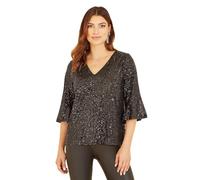 Yumi Black Sequin Top with Fluted Sleeve Black 18