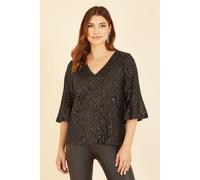 Yumi Black Sequin Top With Fluted Sleeve Black