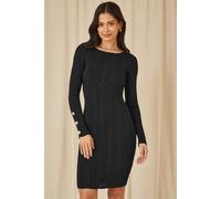 Yumi Black Shimmer Fitted Midi Dress With Button Black L