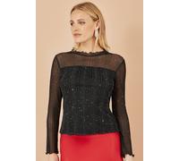 Yumi Black Sparkle Print Mesh Stretch Fitted Top Black 12
