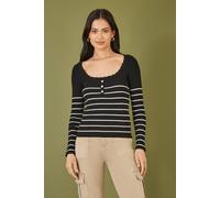 Yumi Women's Black Stripe Rib Knitted Long Sleeve Top With Button Details | Size: Large Yumi Black L