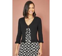 Yumi Black Tie Up Ribbed Cardigan With Frill Hem Black M