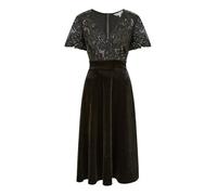 Yumi Black Velvet Midi Dress, Sequin Embellished Bodice, Wrap Style, Flutter Sleeves (UK, Numeric, 12, Regular, Regular, Black)