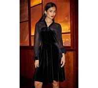 Yumi Women's Black Velvet Sheer Sleeves Skater Dress | Size: 14 Yumi Black 14