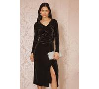 Black Velvet V Neck Fitted Ruched Midi Dress Yumi Black 16