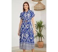 Yumi Blue Abstract Geo Print Relaxed Midi Shirt Dress With Belt Blue 16
