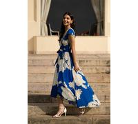 Yumi Blue Blossom Print Wrap Midi With Dipped Hem Blue 18