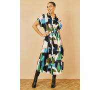 Yumi Blue Brushstroke Print Relaxed Midi Shirt Dress Multi 14