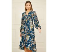 Yumi Blue Butterly Floral Tie Knot Front Long Sleeve Midi Dress In Navy Navy