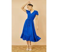 Yumi Blue Button Detail Midi Dress With Ruched Waist And Metallic Thread Blue 10