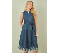 Yumi Blue Chambray Cotton Midi Embroidered Shirt Dress (UK, Numeric, 10, Regular, Regular, Blue)
