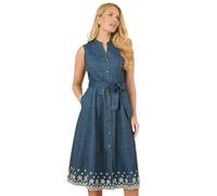 Yumi Blue Chambray Cotton Midi Embroidered Shirt Dress (UK, Numeric, 10, Regular, Regular, Blue)