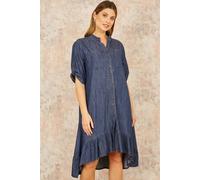 Yumi Women's Blue Chambray Denim Dip Hem Relaxed Fit Shirt Dress | Size: Medium Yumi Blue M