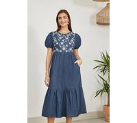 Yumi Blue Chambray Denim Midi Dress With Embroidery And Puff Sleeves Blue 14