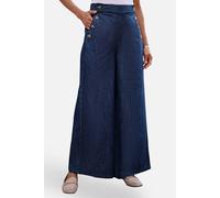 Yumi Women's Blue Chambray Wide Leg Trousers With Button Details in Dark Indigo | Size: 18 Yumi Dark Indigo 18