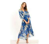 Yumi Blue Floral Kimono Sleeves Dip Hem Wrap Midi Dress Blue 18