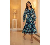 Yumi Women's Blue Floral Mesh Wrap Dress With Long Sleeves | Size: 16 Yumi Blue 16