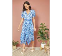 Yumi Women's Blue Floral Pleated Midi Dress With Puff Sleeves | Size: 14 Yumi Blue 14