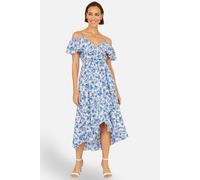 Yumi Women's Blue Floral Print Bardot Midi Dress With Dip Hem in Light Blue | Size: 10 Yumi Light Blue 10