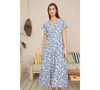 Yumi Women's Blue Floral Printed Broderie Anglaise Ruched Waist Midi Dress | Size: 10 Yumi Blue 10