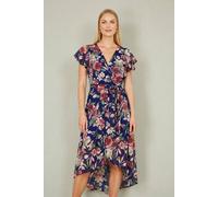 Yumi Women's Blue Floral Wrap Midi Dress With Frill Hem | Size: 10 Yumi Blue 10