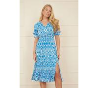 Blue Geo Print Puff Sleeve Midi Split Hemline Yumi Blue 8