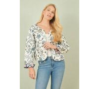 Yumi Blue Leaf Reversible Cotton Quilted Waistcoat In White White