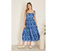 Blue Organic Cotton Voile Floral Strappy Midi Sun Dress Yumi Blue 14