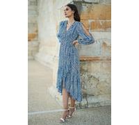 Yumi Blue Paisley Dipped Hemline Midi Dress With Open Long Sleeves Blue 14